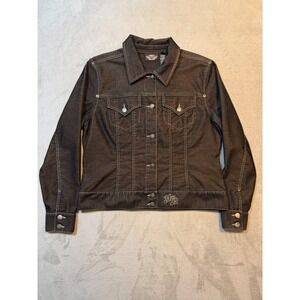 Harley Davidson Womens XL Brown Corduroy Trucker Jacket Embroidered Logo Biker